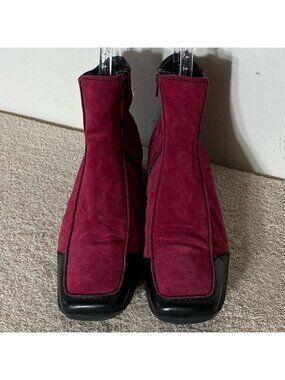 Vintage K Shoes Deep Red Suede Square Toe Ankle Boots Booties UK6